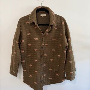 Madewell Olive Quilted Shacket with Pink Floral Details